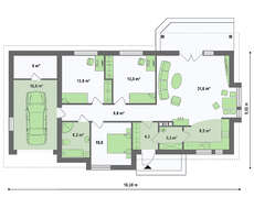 Проект одноэтажного дома площадью 121 кв.м.с гаражом на 1 авто