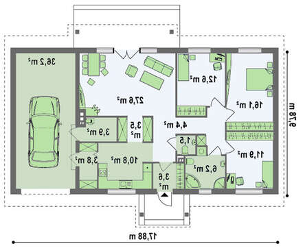 Проект одноэтажного дома с гаражом