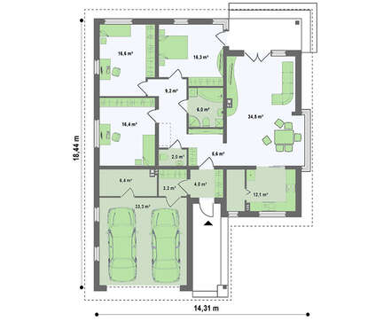 Проект одноэтажного дома с гаражом для двух автомобилей