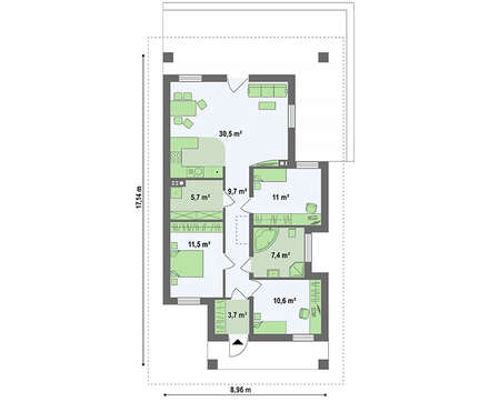 Чертеж компактного коттеджа площадью 89 кв. м для небольшой семьи Чертеж компактного коттеджа площадью 89 кв. м для небольшой семьи
