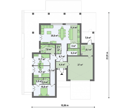 План просторного коттеджа площадью 186 кв. м с террасой и колоннами