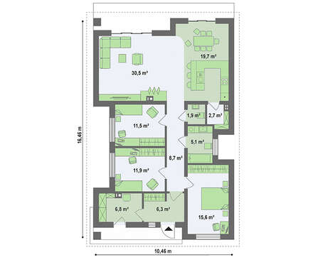 Проект экономичного одноэтажного дома 1016B «Эпсилон», три спальни, 96м2.