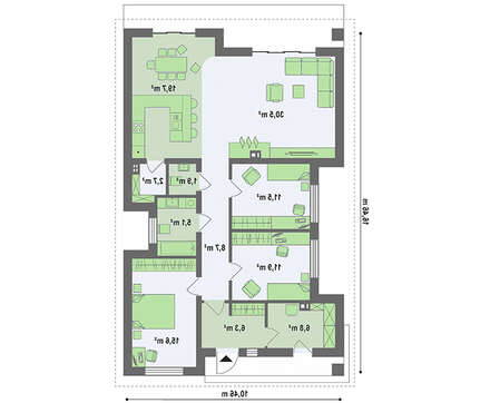 Планировка одноэтажного дома площадью 120 кв. м с просторной гостиной и тремя спальнями