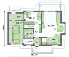 Проект коттеджа с мансардой и гаражом для 1 авто