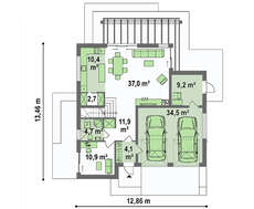 Чертеж двухэтажного дома площадью 220 кв. м с гаражным помещением на две машины