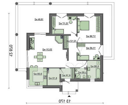 Планировка компактного коттеджа площадью 102 кв. м с тремя спальнями