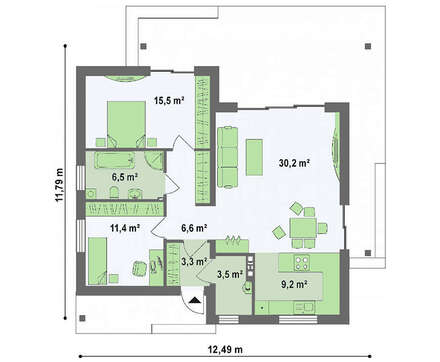 План дачного домика площадью 86 кв. м, декорированного деревянными панелями