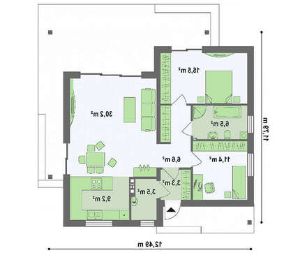 План дачного домика площадью 86 кв. м, декорированного деревянными панелями