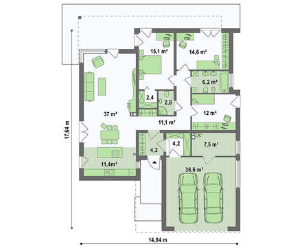 План модного коттеджа площадью 165 кв. м с гаражом на две машины