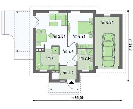 Чертеж дачи площадью 68 кв. м с красивым входным порталом