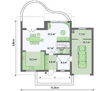 План стильного дома площадью 151 кв. м с просторной террасой над гаражом