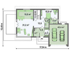 Проект коттеджа с мансардой, гостиной и гаражом на две машины