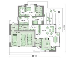 Одноэтажный жилой дом с колоннами и гаражом на три автомобиля