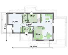 Проект коттеджа с мансардой и дополнительным помещением на первом этаже