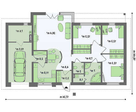 Проект одноэтажного дома с гаражом, с приватной зоной