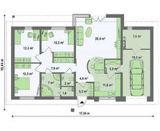 Проект одноэтажного дома с гаражом, с приватной зоной