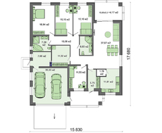 Схема компактного одноэтажного дома на четыре спальни и гаражом на два автомобиля