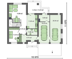 Планировка двухэтажного коттеджа с большим встроенным гаражом