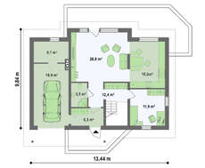 Проект дома с гаражом и большим мансардным окном