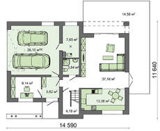 Схема двухэтажного дома с гаражом на 2 автомобиля и огромной террасой