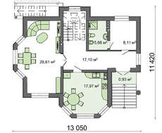 Планировка роскошного двухэтажного коттеджа с цокольным этажом, площадь в 322 кв. м