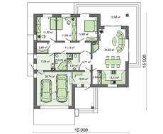 Планировка одноэтажного жилого дома площадью в 166 квадратов с тремя спальнями и большим гаражом.