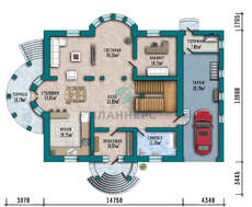 План огромного особняка площадью 430 кв. м с полукруглыми эркерами и балконами