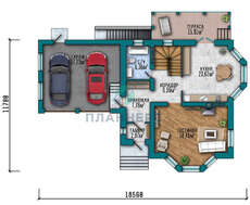 План двухэтажного особняка площадью 267 кв.м с двумя эркерами и просторной террасой