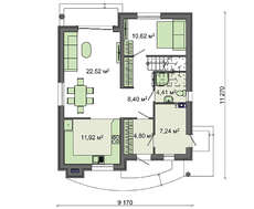 Схема современного коттеджа площадью 135 кв. м с просторной гостиной