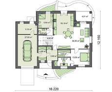 План дома с мансардой площадью 289 кв. м с крыльцом и террасой оригинальной формы
