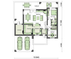 План коттеджа в два этажа площадью 188 кв. м с капитальным навесом для автомобилей