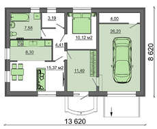Проект небольшого дачного дома с гаражом общей площадью 90 кв.м.