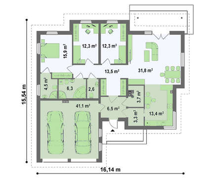 Проект одноэтажного дома с гаражом для двух авто