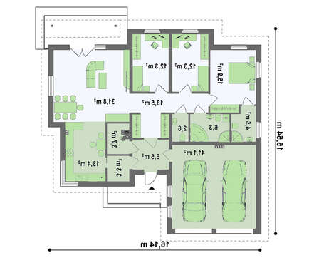Проект одноэтажного дома с гаражом для двух авто