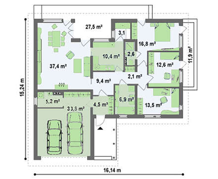 Проект дома с гаражом для двух авто