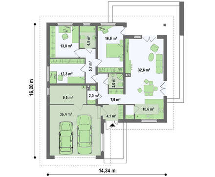 Проект одноэтажного дома с гаражом для двух автомобилей и большим хозяйственным помещением
