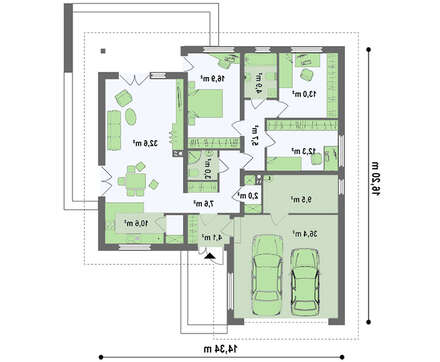 Проект одноэтажного дома с гаражом для двух автомобилей и большим хозяйственным помещением Проект одноэтажного дома с гаражом для двух автомобилей и большим хозяйственным помещением