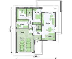 Проект одноэтажного дома с гаражом для двух автомобилей и большим хозяйственным помещением