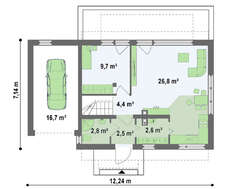 Проект небольшого светлого дома с гаражом, стильными большими окнами