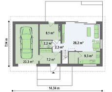 Проект дома с мансардой, большими красивыми окнами в гостиной