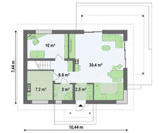 Проект небольшого дачного коттеджа с угловым окном в кухне