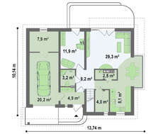 Проект коттеджа с мансардой, стеклянным эркером и гаражом
