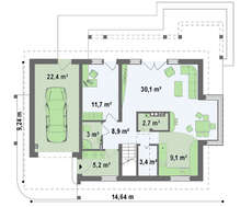 Проект коттеджа с гаражом, стеклянным эркером и балконами