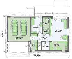 Проект коттеджа с двускатной кровлей и гаражом для двух авто