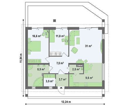 Проект одноэтажного коттеджа с дополнительной фронтальной террасой