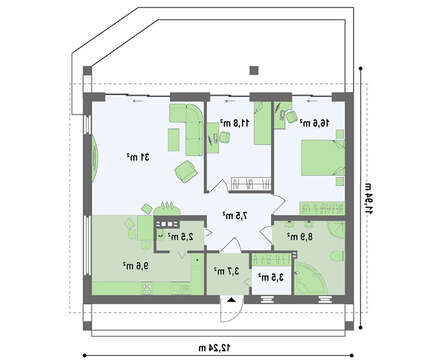 Проект одноэтажного коттеджа с дополнительной фронтальной террасой