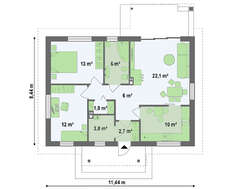 Проект небольшого аккуратного одноэтажного коттеджа с двускатной крышей