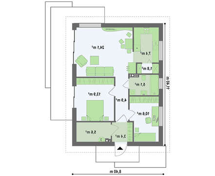 Проект небольшого одноэтажного коттеджа с удобным боковым входом