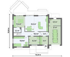 Проект одноэтажного коттеджа с мансардой и большим фронтальным окном в гостиной