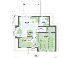 Проект коттеджа с фасадными окнами и гаражом для двух автомобилей